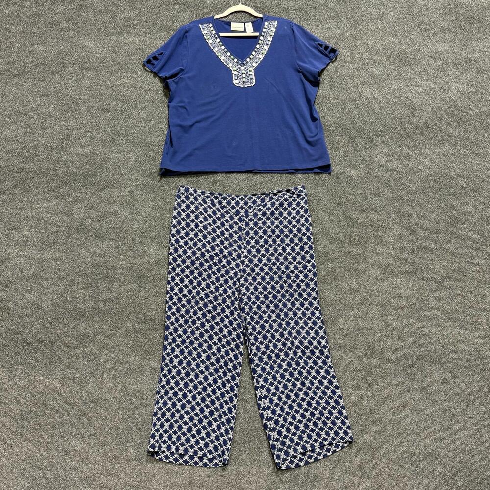 Alfred Dunner 2 Piece T Shirt Pants Set Womens 18 Blue Beaded Geometric Capri